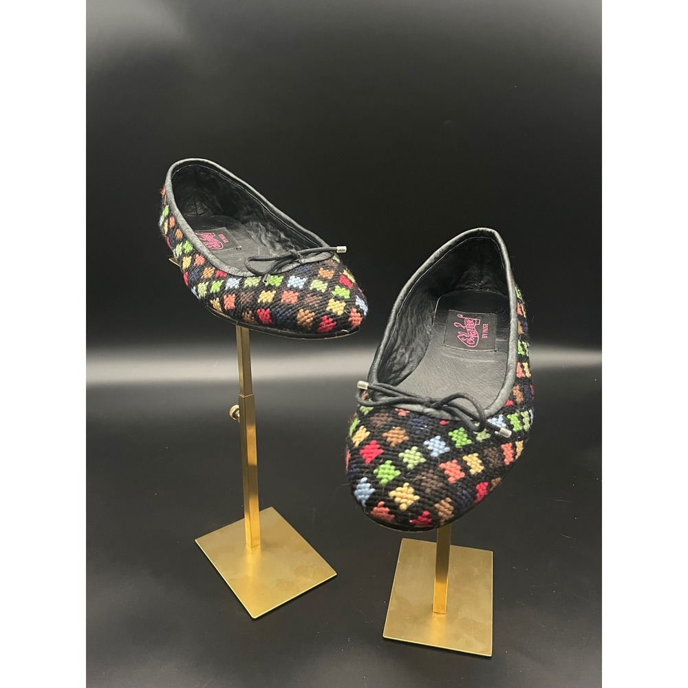 By Paige Embroidered Wool Ballet Flats Leather Trim Rainbow Needlepoint Shoe 8.5